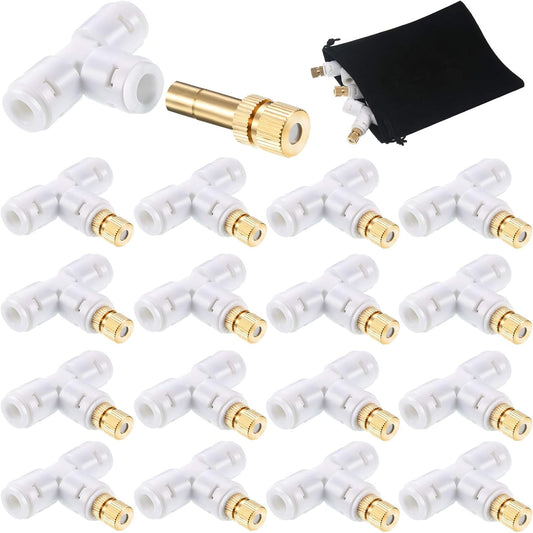 Honoson 32 Pieces Brass Misting Nozzles Kit with 0.03 cm Orifice Thread Gold Nozzles for Patio Misting System Outdoor Cooling System Garden Water Mister