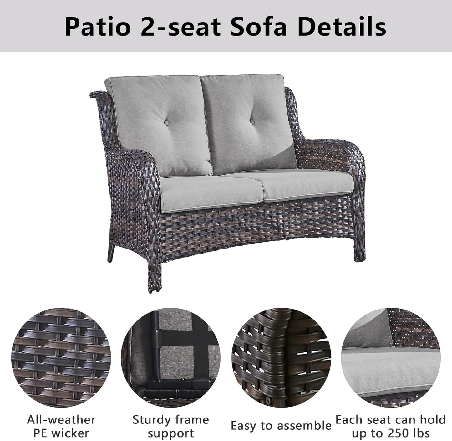 Outdoor Loveseat Small Patio Furniture 2 Seater Sofa Brown Wicker Couch Rattan Settee for Single-Family House