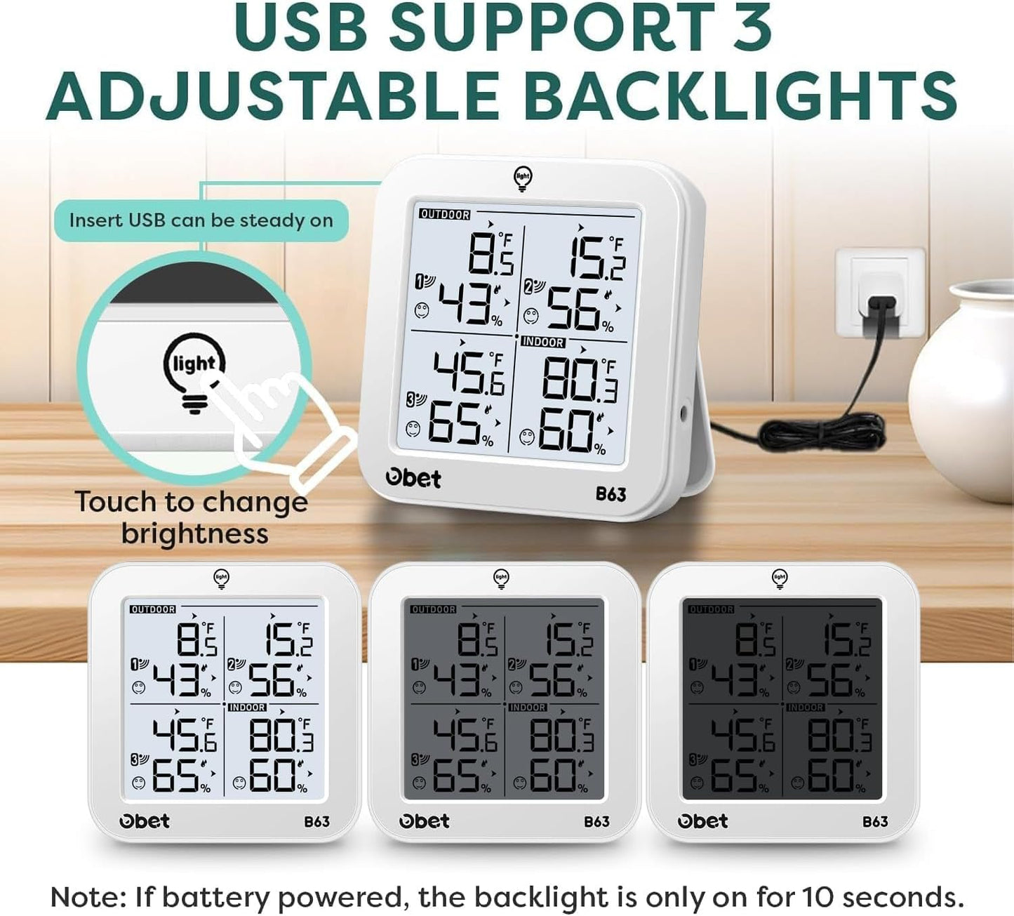 OBET Indoor Outdoor Thermometer Wireless with 3 Sensors Weather Station Temperature Humidity Monitor 500ft Range and Adjustable Backlight and Min Max Data White