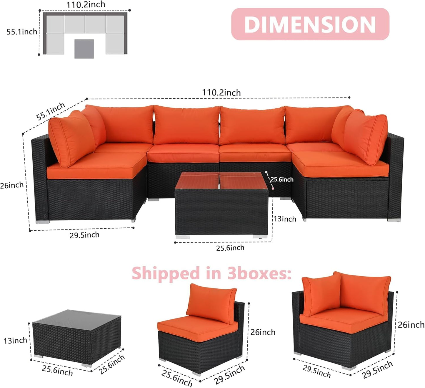 7-Piece Patio Furniture Set - Outdoor Sectional Sofa Set with Cushions and Glass-Top Coffee Table for Gardens, Poolside, Backyards and Porches, Black/Orange