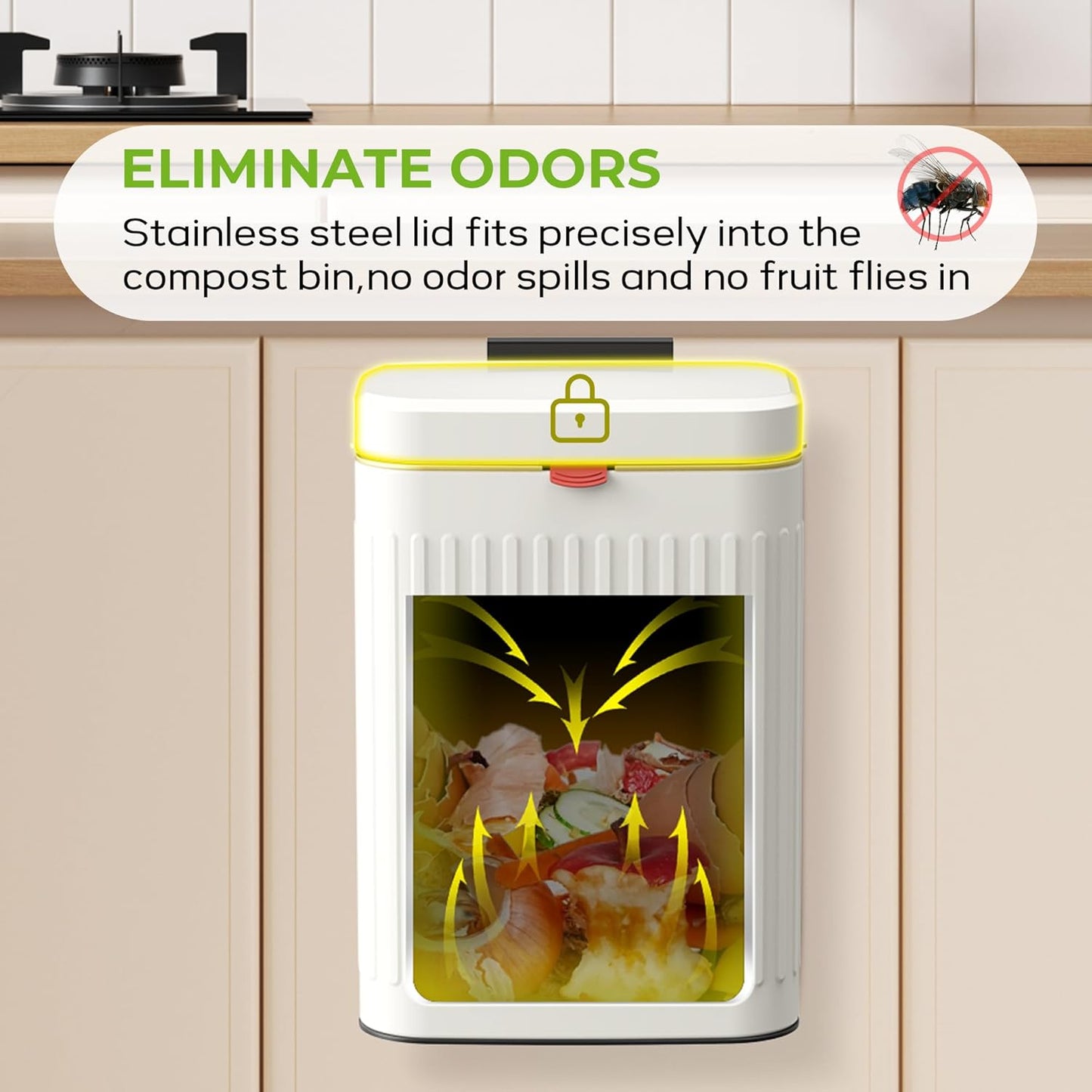 Kitchen Compost Bin Hanging Trash Can with Lid, 2.1 Gallon Stainless Steel Trash Can Compost Bin, Wall-Mount Indoor Kitchen Trash Bin for Cabinet, Under Sink, Bathroom (2.1 Gallon, 8L Ivory White)