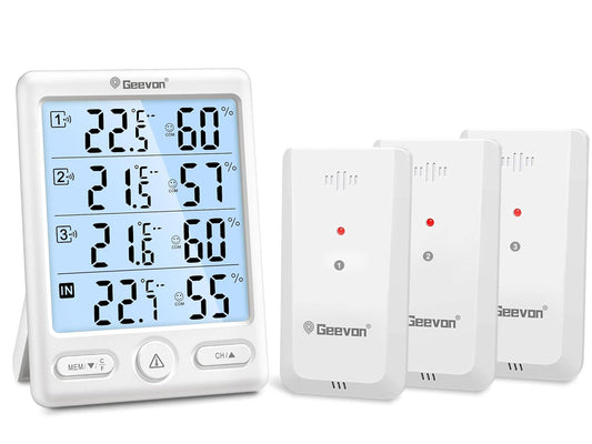 Geevon Indoor Outdoor Thermometer Wireless, 5-Inch Display Digital Hygrometer Thermometer Temperature Humidity Monitor with 3 Remote Sensors and Backlight, Battery-Powered(White)