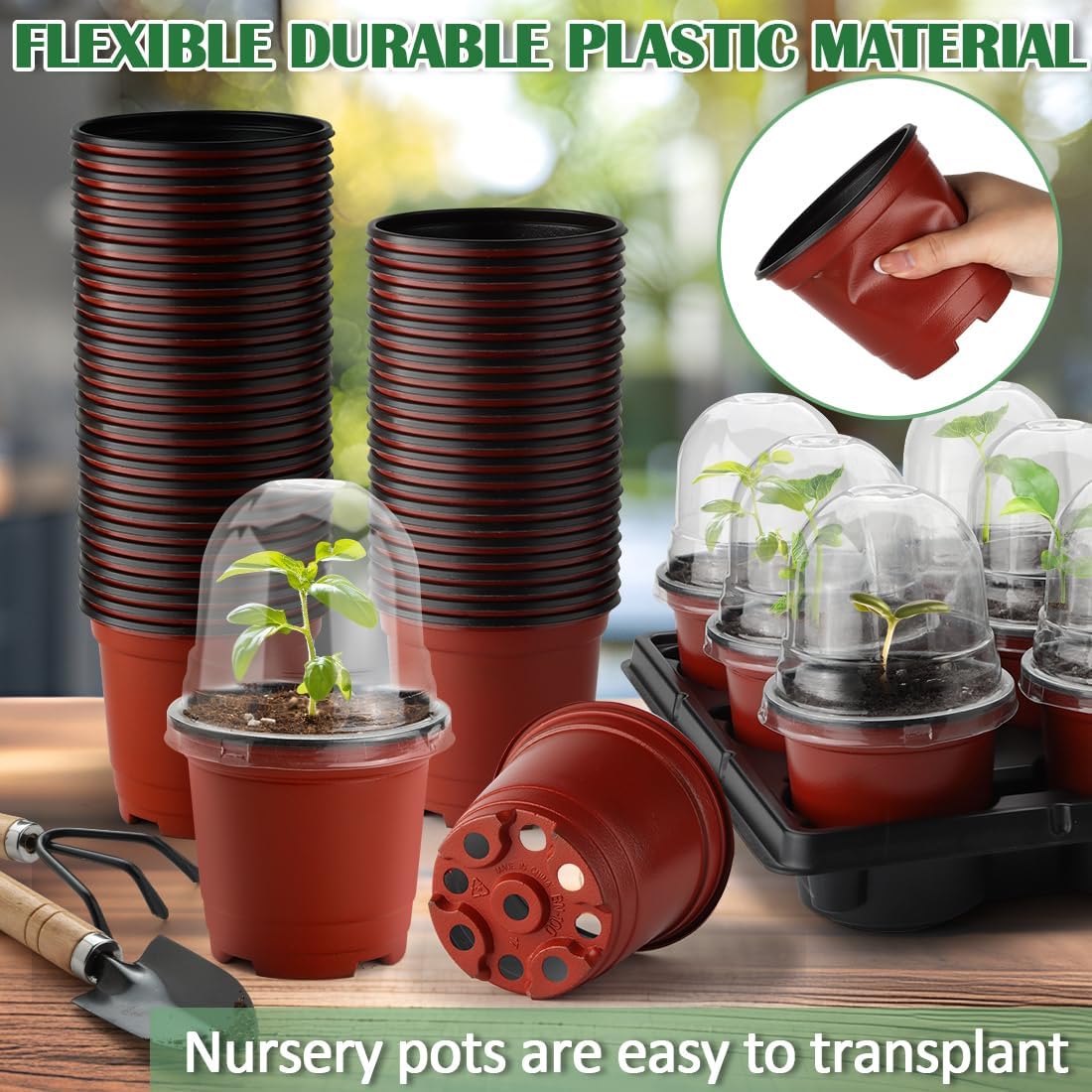 4 Inch 60 Pack Nursery Pots with Humidity Domes & 5 Pack 12 Cell Round Seedling Pot Carrying Trays, Sturdy Seeds Starter Pot Germination Set, Small Planter Nursery Propagation 5 Sets