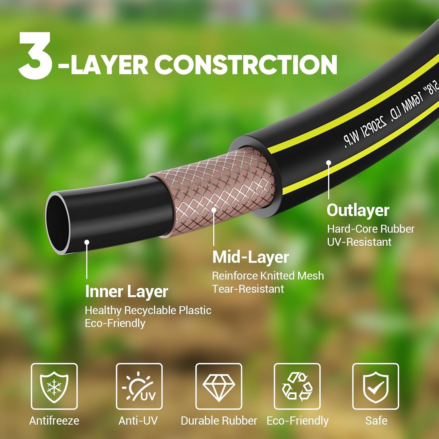 Garden Hose Set 200FT - PHLEX PRO Heavy-Duty Premium 5/8'' Rubber 3-Layer Water Hose - Innovation Flexible Hybrid Lightweight Water Hose with 10 Pattern Spray Nozzle, Full Brass Male to Female Fitting