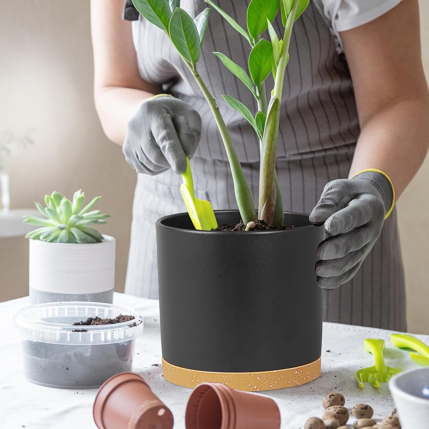 10 Inch Large Deep Plant Pots for Indoor Outdoor, Tall Cylinder Flower Pots with Drainage Holes & Saucer, Big Plastic Planter Pots for Garden House Plants, Black with Brown