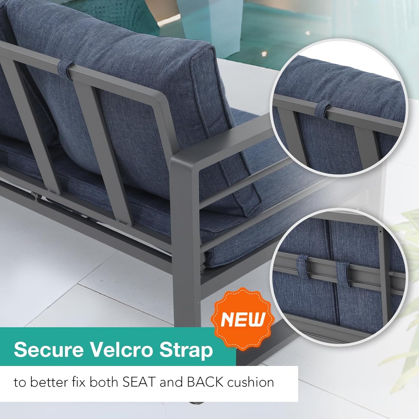 Patiorama Aluminum Patio Furniture Set, 4 PCS Modern Patio Conversation Set, All Weather Dark Grey Outdoor Sectional Sofa Set w/Table, 3-Seater Sofa, Superior Olefin Cushion, Garden-Blue Cushion