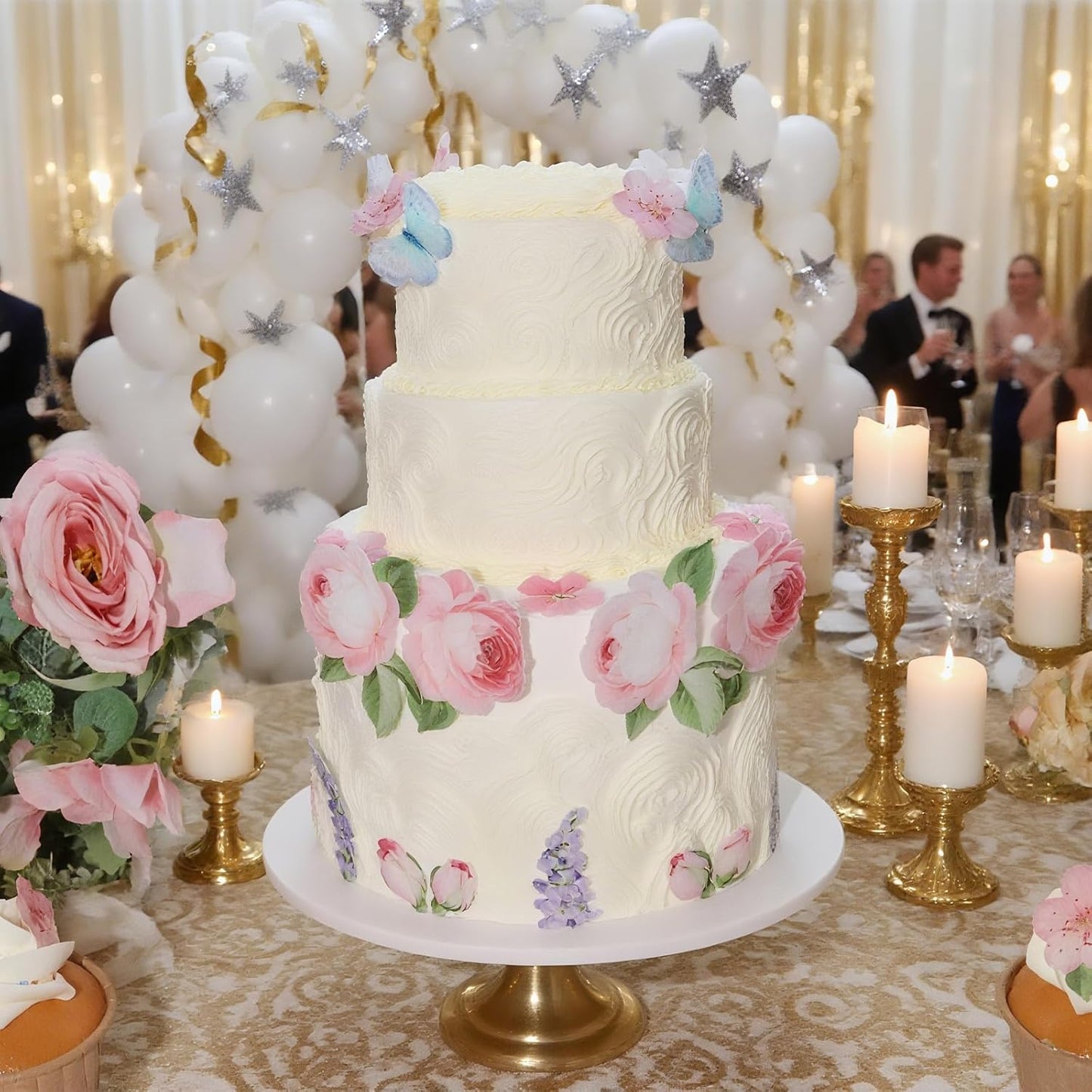 100 Pcs Edible Flowers Cupcake Toppers Cake Decorations Wafer Paper Pink Rose & Cherry Blossom & Butterfly for Wedding Cakes Birthday Parties