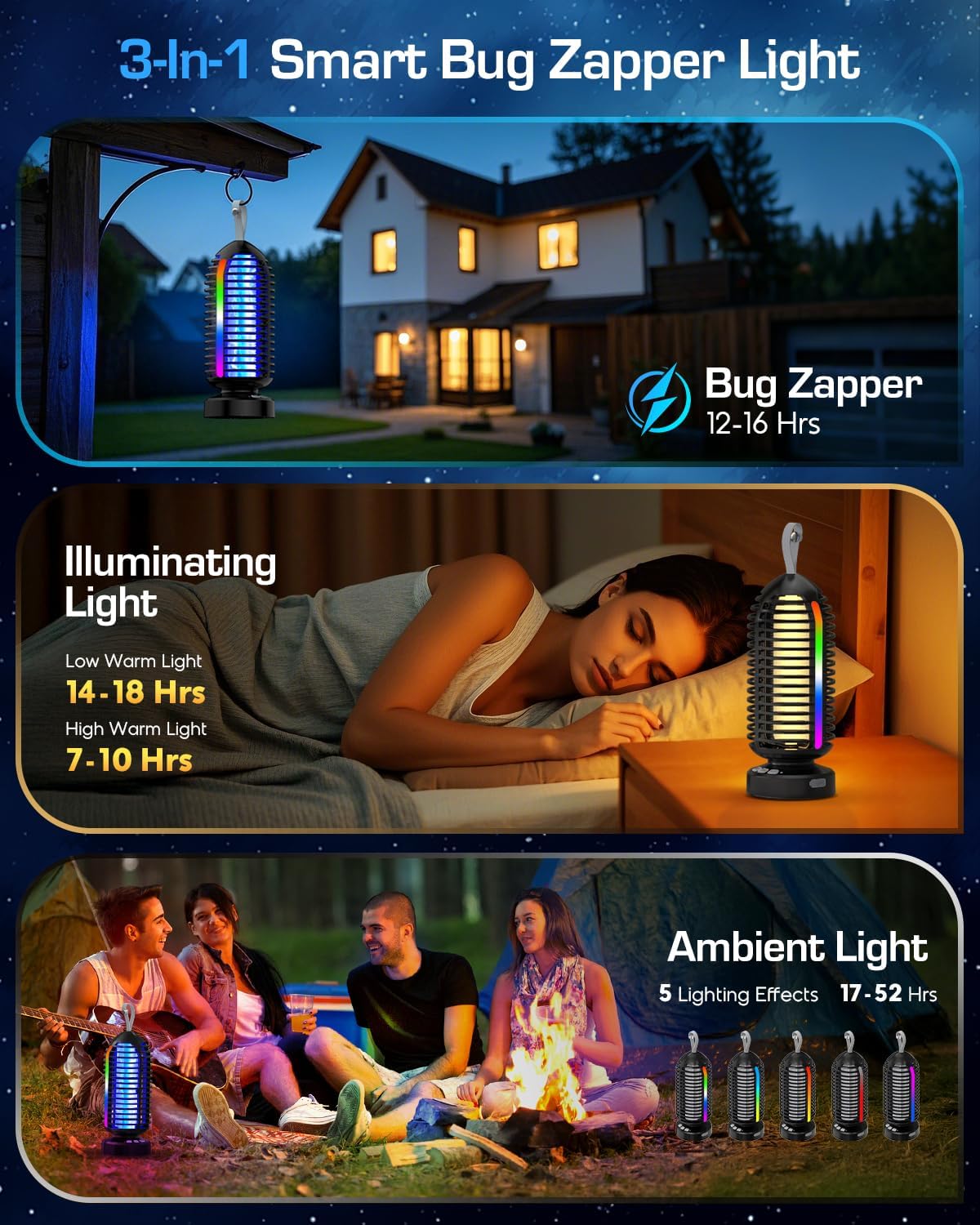 Bug Zapper Outdoor with Marquee Light, Cordless Mosquito Zapper, 4000mAh Rechargeable Electric Bug Zapper Indoor, Auto On/Off Waterproof Mosquito Trap Fly Zapper for Patio Backyard Kitchen Camping