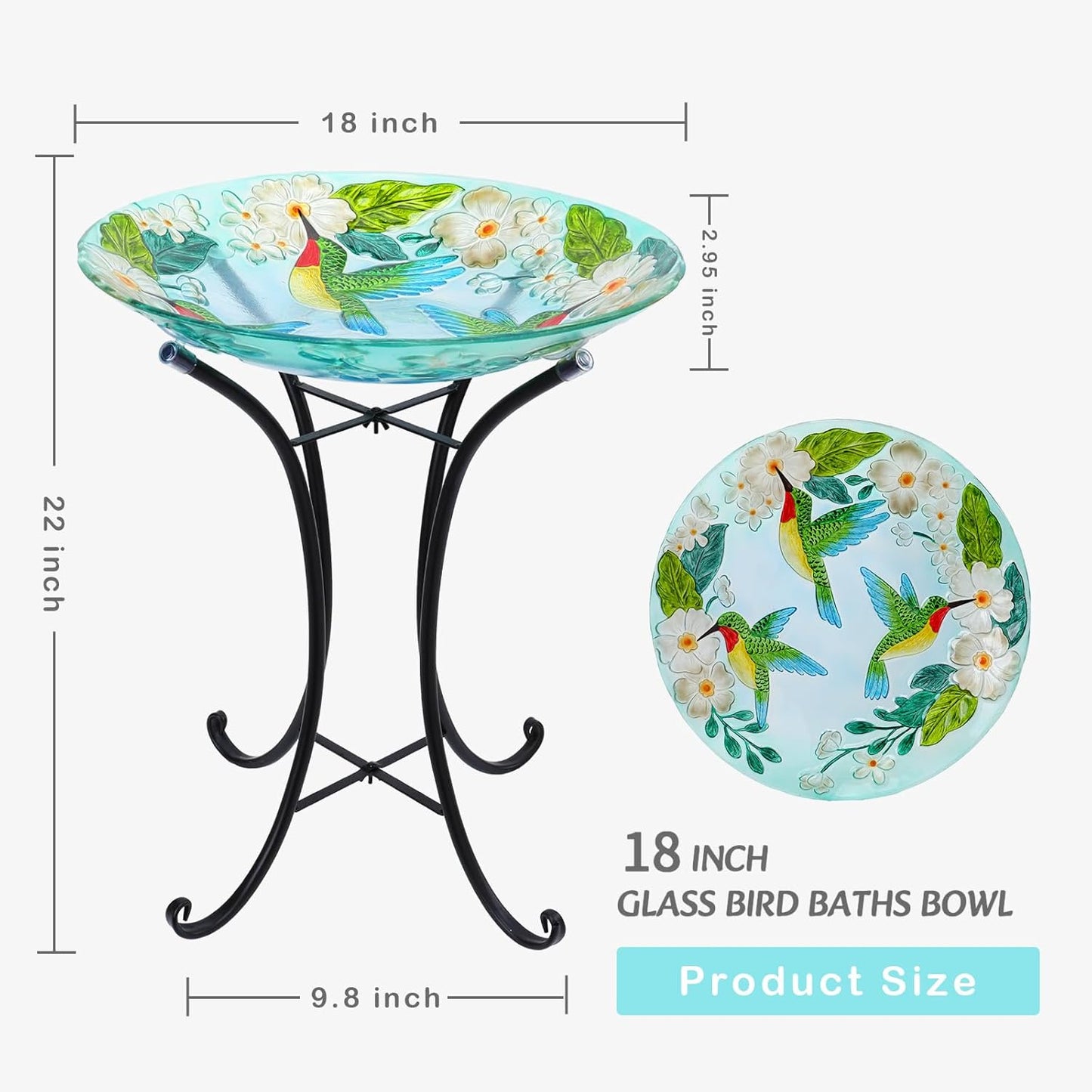 VCUTEKA 18" Outdoor Glass Birdbath with Sturdy Metal Stand for Lawn, Yard, or Garden Decor Bird Lovers Gift, Hummingbird Bird Bath Detachable, 22" Height