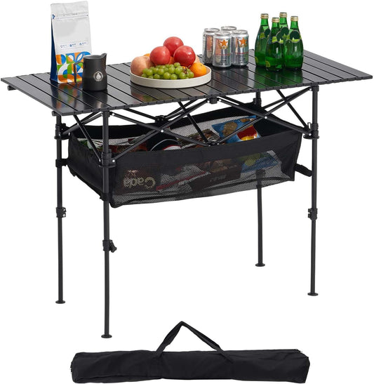 VEVOR Folding Camping Table, Portable Roll Up Side Tables, Lightweight Aluminum Beach Table with Adjustable Height, for Outdoor BBQ Tailgating Picnic, Travel (47 inch-Black)