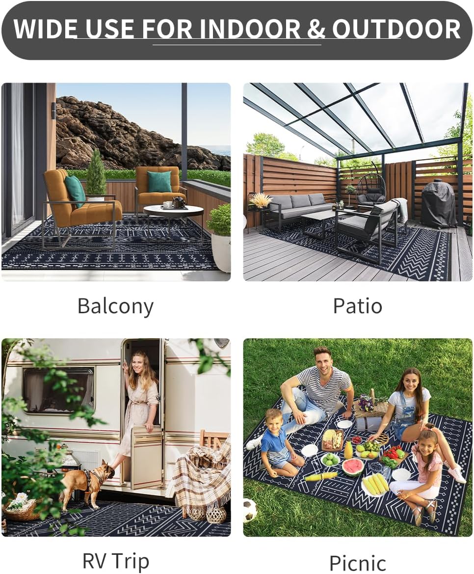 Outdoor Rug Carpet Waterproof 8x10 ft Patio Rug Mat Indoor Outdoor Area Rug for RV Camping Picnic Reversible Lightweight Plastic Straw Outside Rug for Patio Decor Decoration Boho Rug Navy Blue White