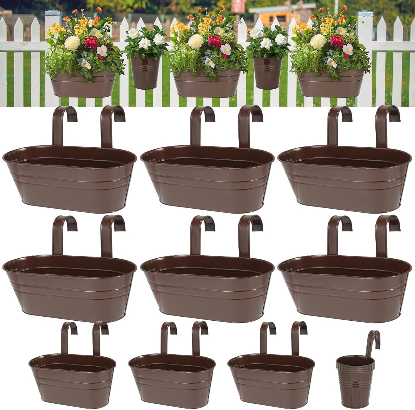 3 Different Size Metal Iron Hanging Flower Pots 13 Pcs for Outdoor Plants Metal Hanging Bucket Pots Iron Railing Fence Planter with Drainage Holes and Hooks for Porch Railing Balcony Fence (Bronze)