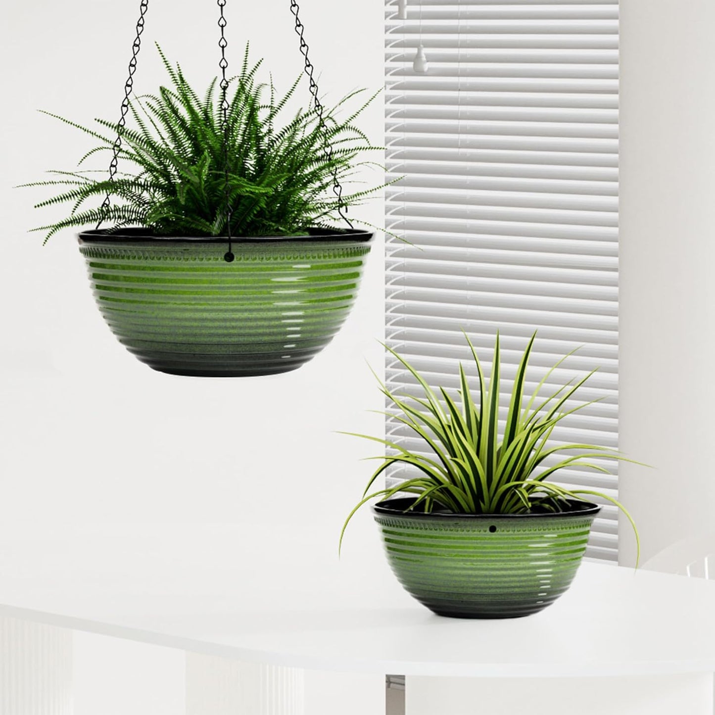 10 Inch Hanging Planter, 2 Pack Hanging Planters for Indoor Outdoor Plants Self Watering Hanging Pots with Drainage Holes for Garden Home (Green)