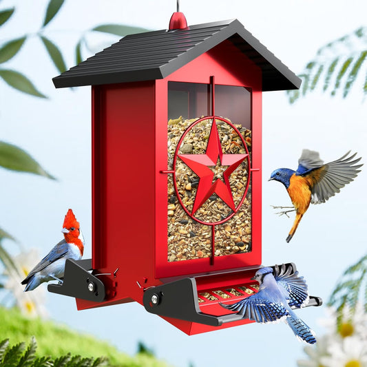 Squirrel Proof Bird Feeder for Outdoors Hanging, Metal Wild Bird Seed Feeder with Bilateral Weight-Activated Perches, 5LB Large Capacity Wild Bird Feeders for Outside Finch, Cardinal, Blue Jay