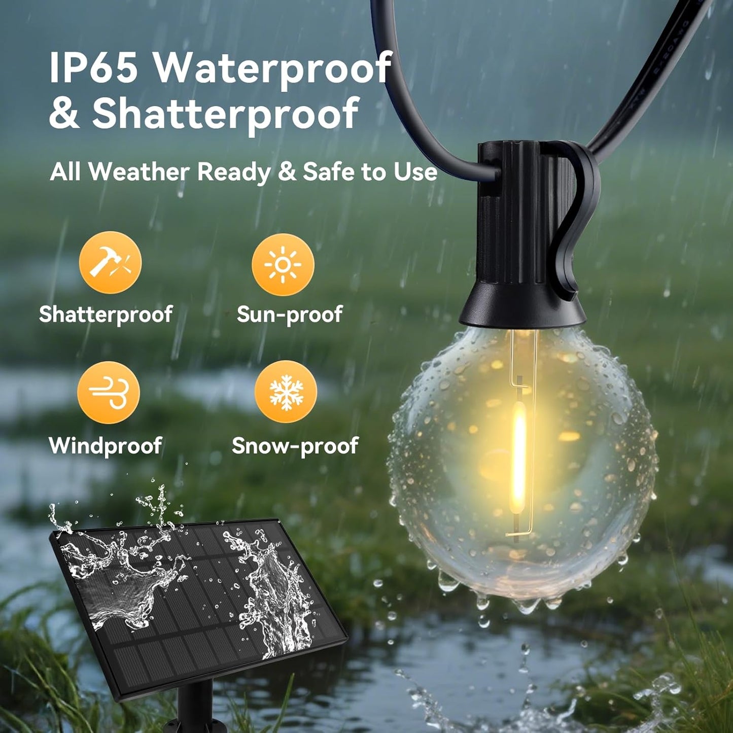 HJQ 60FT Solar String Lights Outdoor Waterproof, Patio Lights Solar Powered with Remote & USB Port, 20+1 LED Shatterproof Bulbs, 3 Light Modes, Dimmable Solar Hanging Lighting for Camping Yard Garden