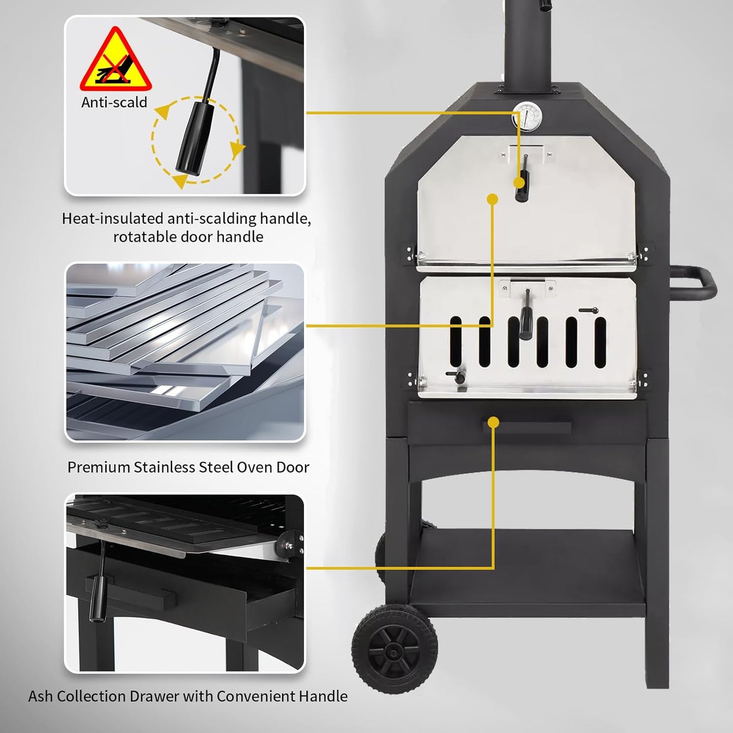 Outdoor Pizza Oven, Wood Fired Pizza Oven with Wheels for Outside, Portable Pizza Maker with Stone, Peel, Cover & Cooking Grids for Backyard, Patio, Camping, Black