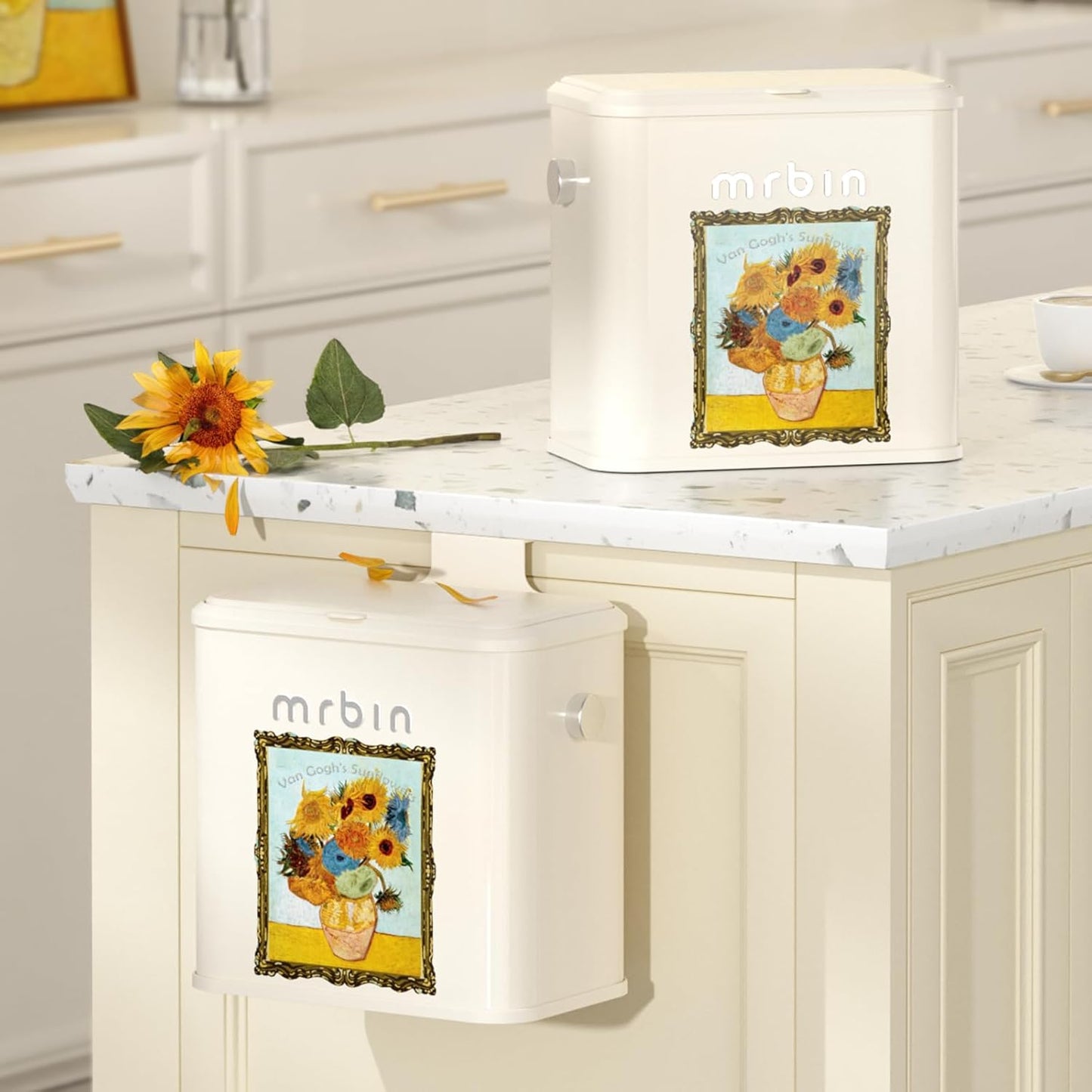 Mrbin Metal Compost Bin Countertop with Lid, Hanging Trash Can for Kitchen Cabinet Door, Wall Mounted Indoor Recycle Basket Food Waste Scrap Dustbin for Kitchen Under Sink with Inner Bucket, Sunflower