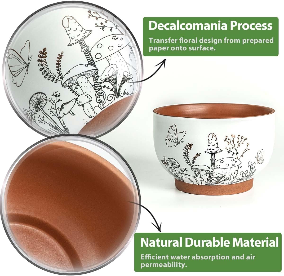 YBX 8 Inch & 6 Inch Terracotta Pots, Plant Pots, Flower Pots for Indoor Plants with Drainage, Planters with Mushroom Accent for Indoor Plants (Cottage)