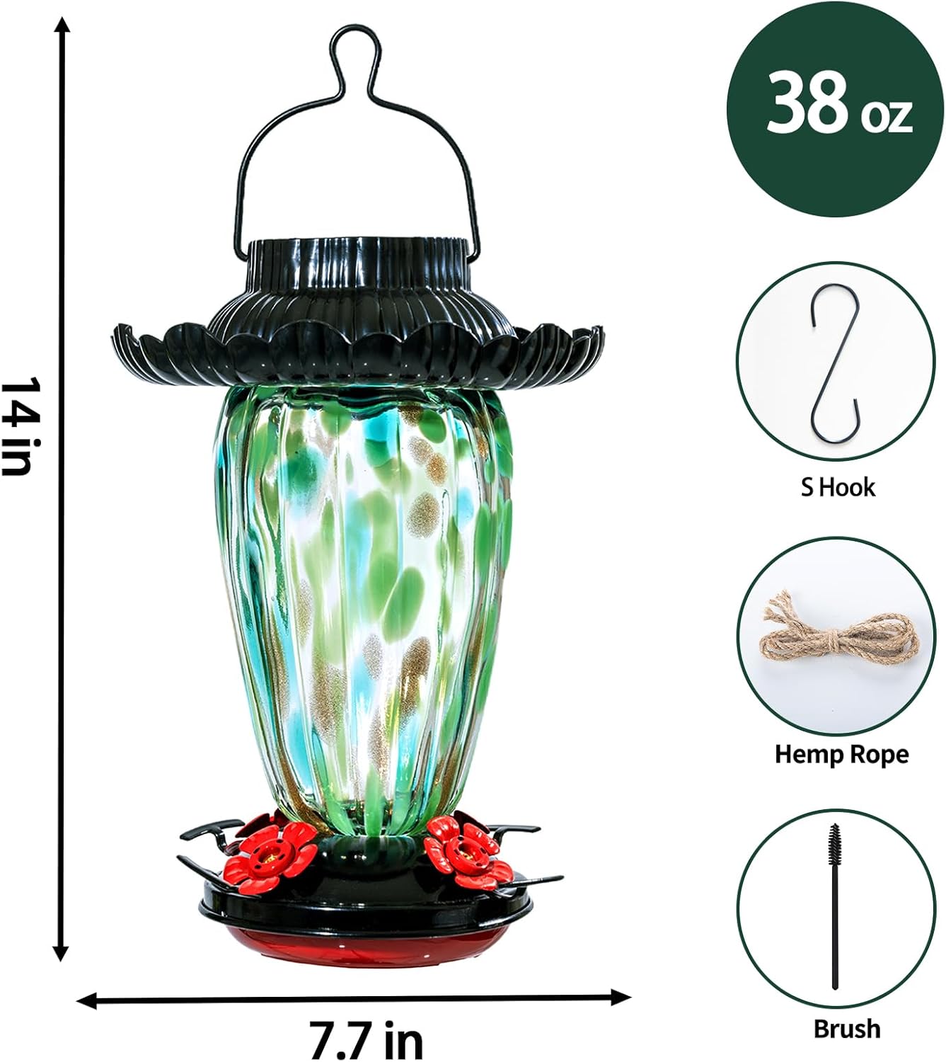 Muse Garden Solar Hummingbird Feeders for Outdoors Hanging, 38oz Hand Blown Glass Humming Bird Feeders for Garden Decor, Moms Birthday Unique, Green