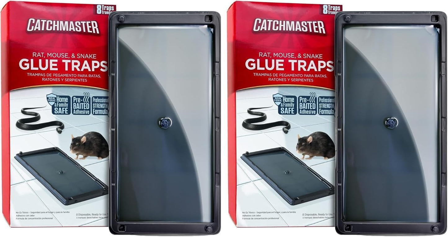 Catchmaster Rat & Mouse Glue Traps 8Pk, Large Bulk Rat Traps Indoor for Home, Pre-Scented Adhesive Plastic Tray for Inside House, Snake, Mice, & Spider Traps, Pet Safe Pest Control (Pack of 2)