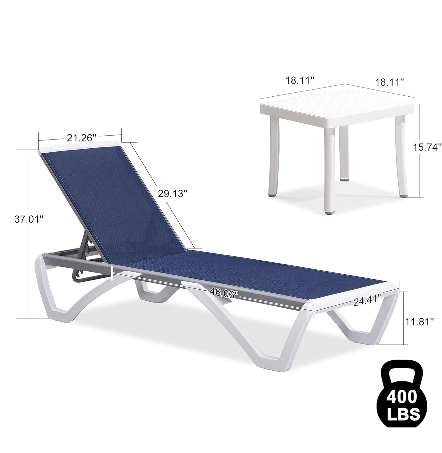 PURPLE LEAF Patio Chaise Lounge Chair Set Outside Aluminum Plastic Stackable Tanning Chairs with Side Table for Pool Sunbathing Beach Deck Outdoor Lounger, Dark Blue