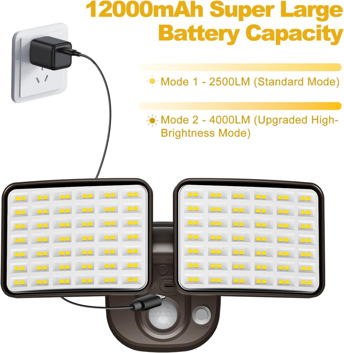 Rechargeable Battery Operated Motion Light 2500LM & 4000LM Motion Sensor Security Light(1-3 Months Endurance) USB Charging LED Flood Light Outdoor (Brown) 1 Pack