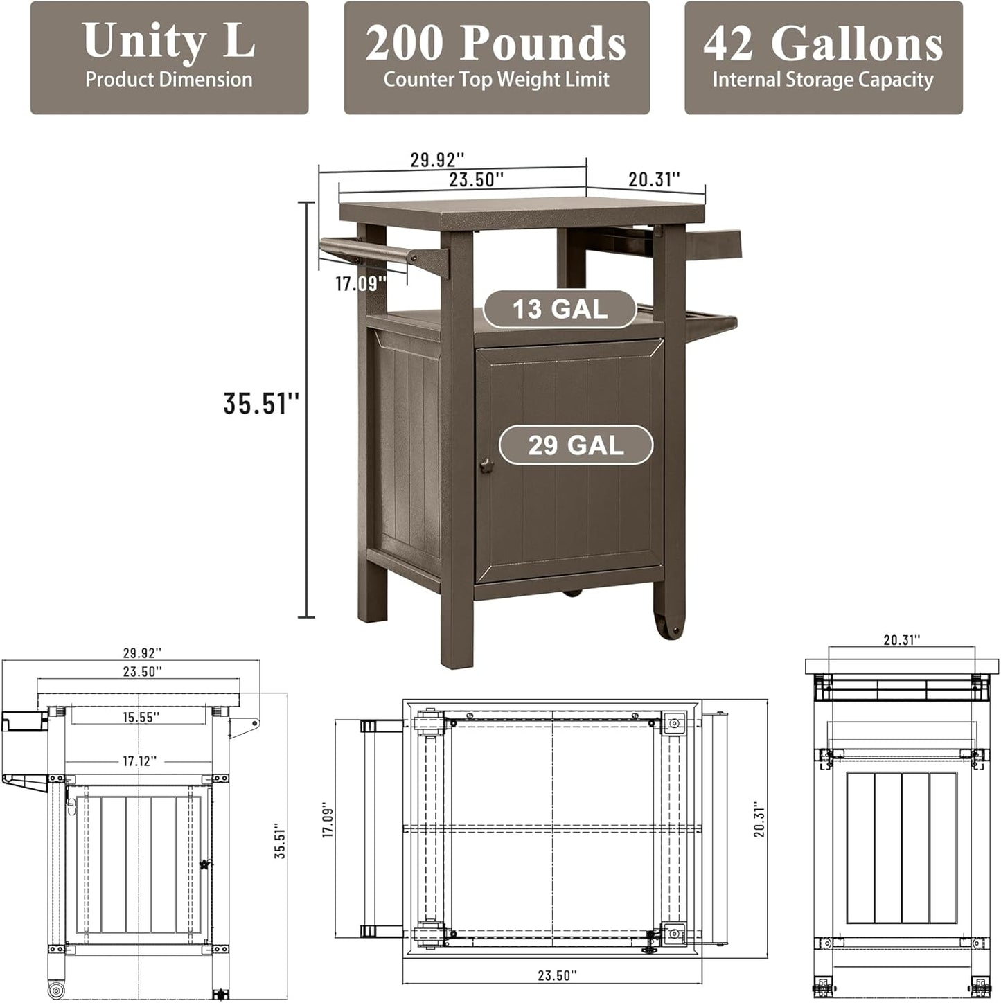 Grill Cart Outdoor with Storage Cabinet, Portable Rolling Patio Bar Cart with Wheels, BBQ Prep Table, Movable Stainless Steel Kitchen Island Dining Cart for Food/Drink/Cooking -Brown