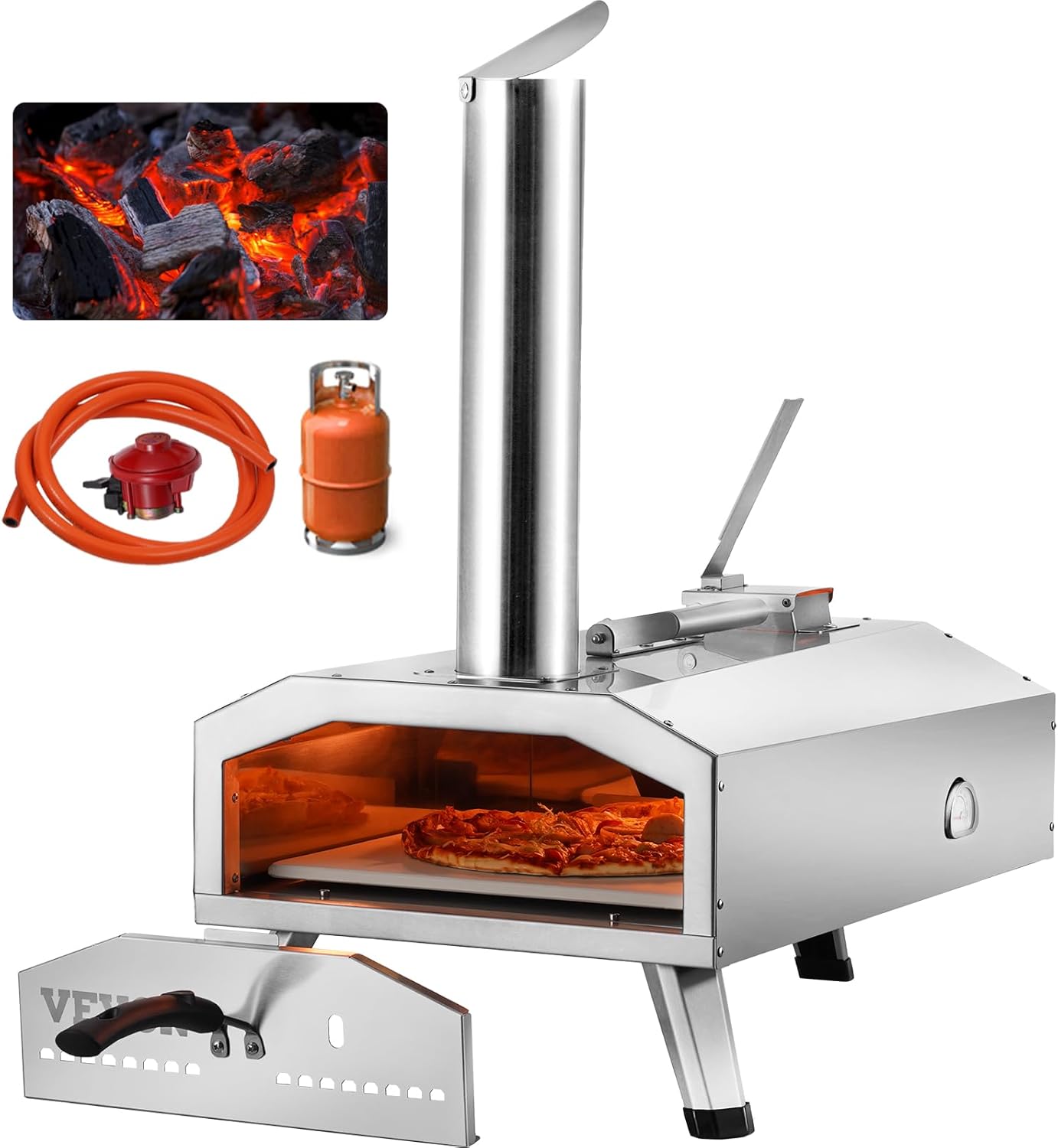 VEVOR Dual Fuel Pizza Oven Outdoor, 12 Inch Wood Fire & Propane Gas Pizza Oven, Pellet & Propane Pizza Maker with Thermometer, Foldable Leg, Stainless Steel Pizza Cook for Outside Camping & Backyard