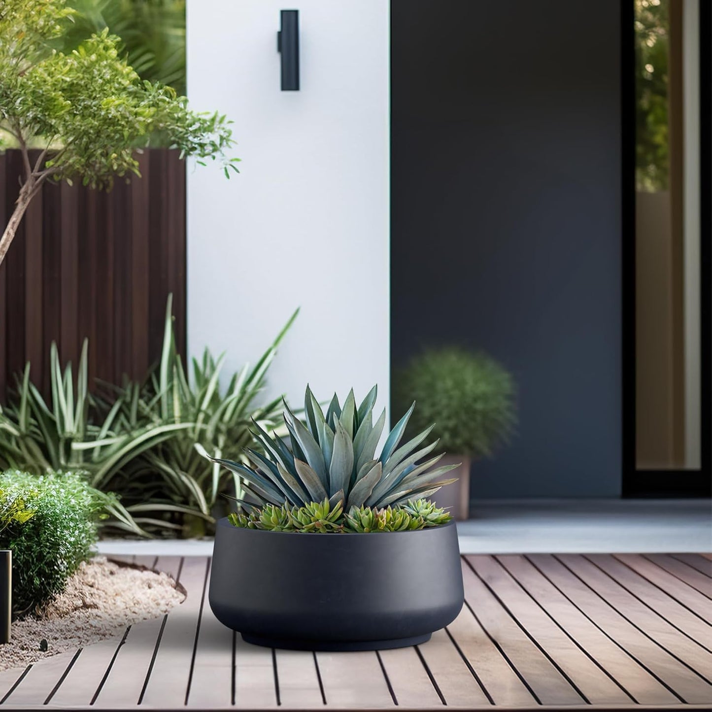 Kante 16.1" Dia Round Curvy Concrete Planter, Large Plant Pots with Drainage Hole and Rubber Plug for Indoor Outdoor Plants, Flower Pot for Home Garden Patio Porch, Charcoal