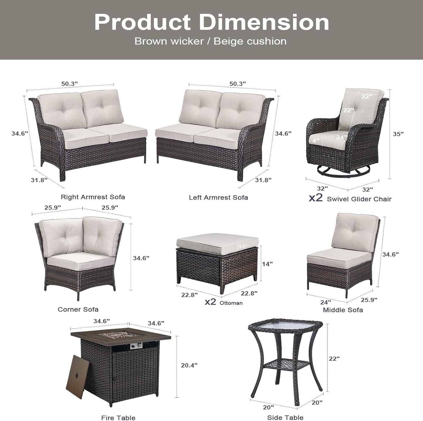 Outdoor Sectional Furniture Sofa Set with 50000BTU Propane Fire Pit Table, Wicker Patio Conversation Set with 2 Swivel Rocker Glider Chairs Beige Cushion Perfect for Backyard Casual Gathering