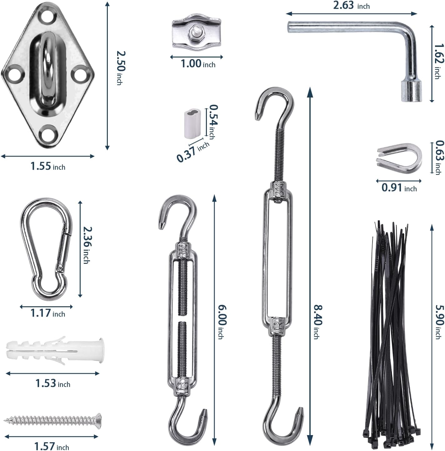 Shade Sail Hardware Kit 6 inch turnbuckles for Triangle Rectangle Sun Shade Sail Outdoor Installation turnbuckles for Cables Wire for Outdoor,Garden,Kitchen,Craft,118PCS
