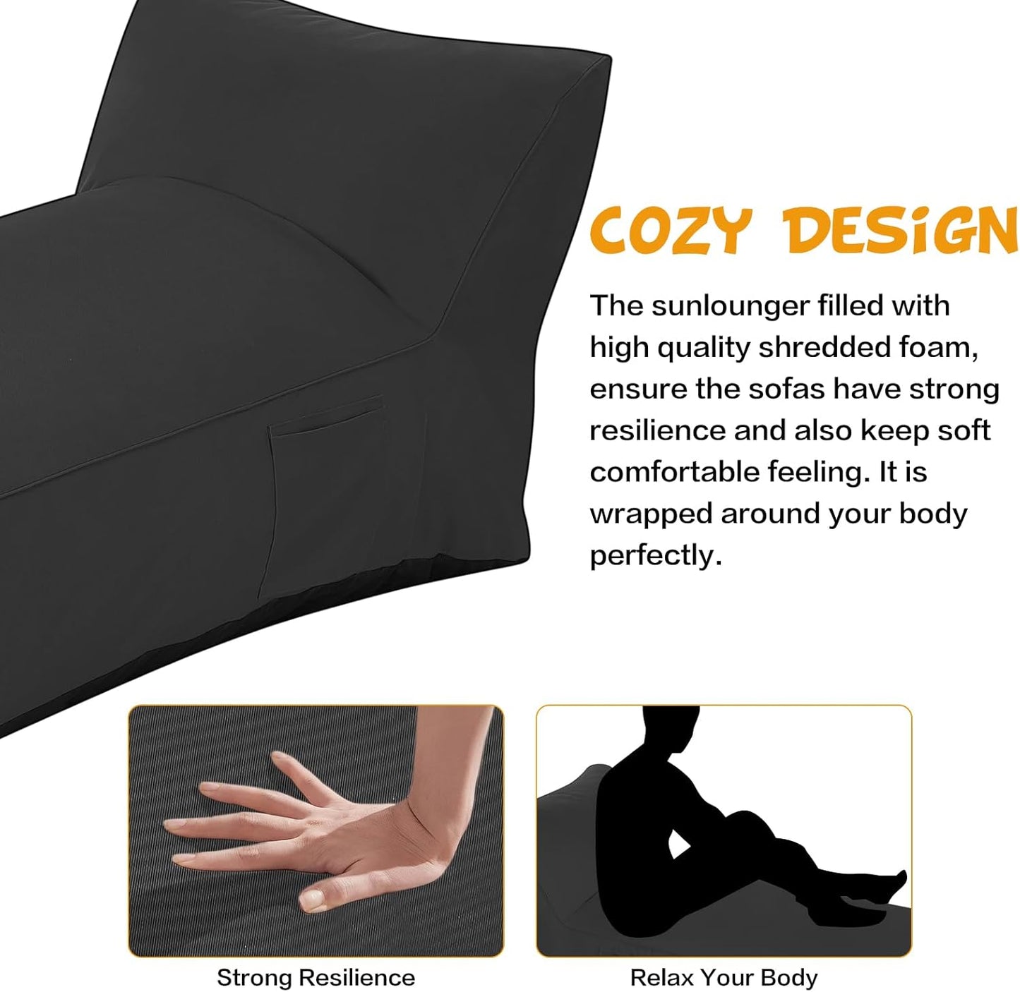 Modern-Depo Outdoor Chaise Lounge Chair, Sunbed UV Resistant Sofa Couch Patio Furniture Waterproof Outside Sunlounge Reclining Sunbathing Bed Comfy Single Chaise Daybed for Garden, Pool, Beach, Black