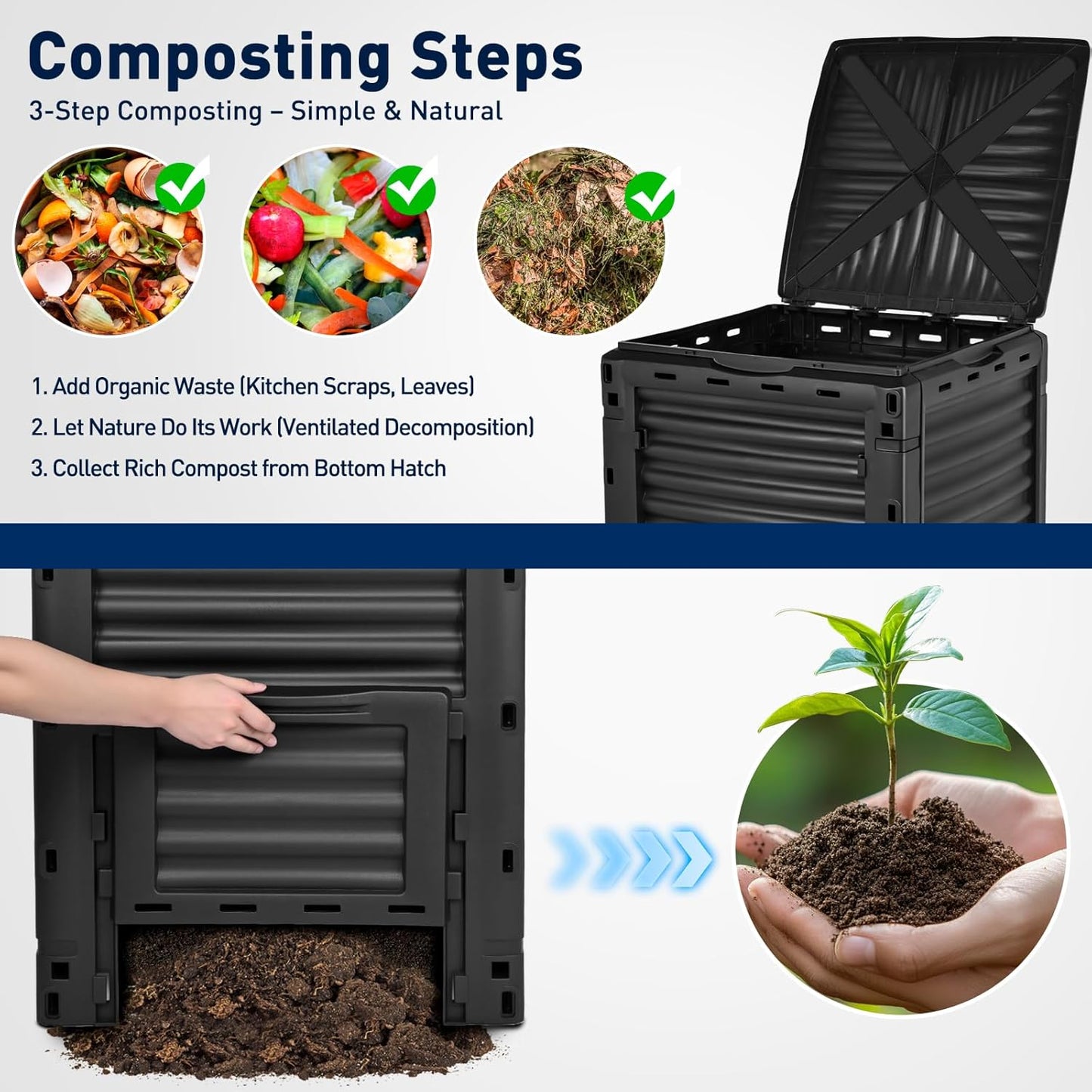 Yesker Outdoor Garden Compost Bin, 80 Gallon BPA-Free Large Capacity Composter for Backyard, Easy Assembly, Fast Fertile Soil Maker, Black