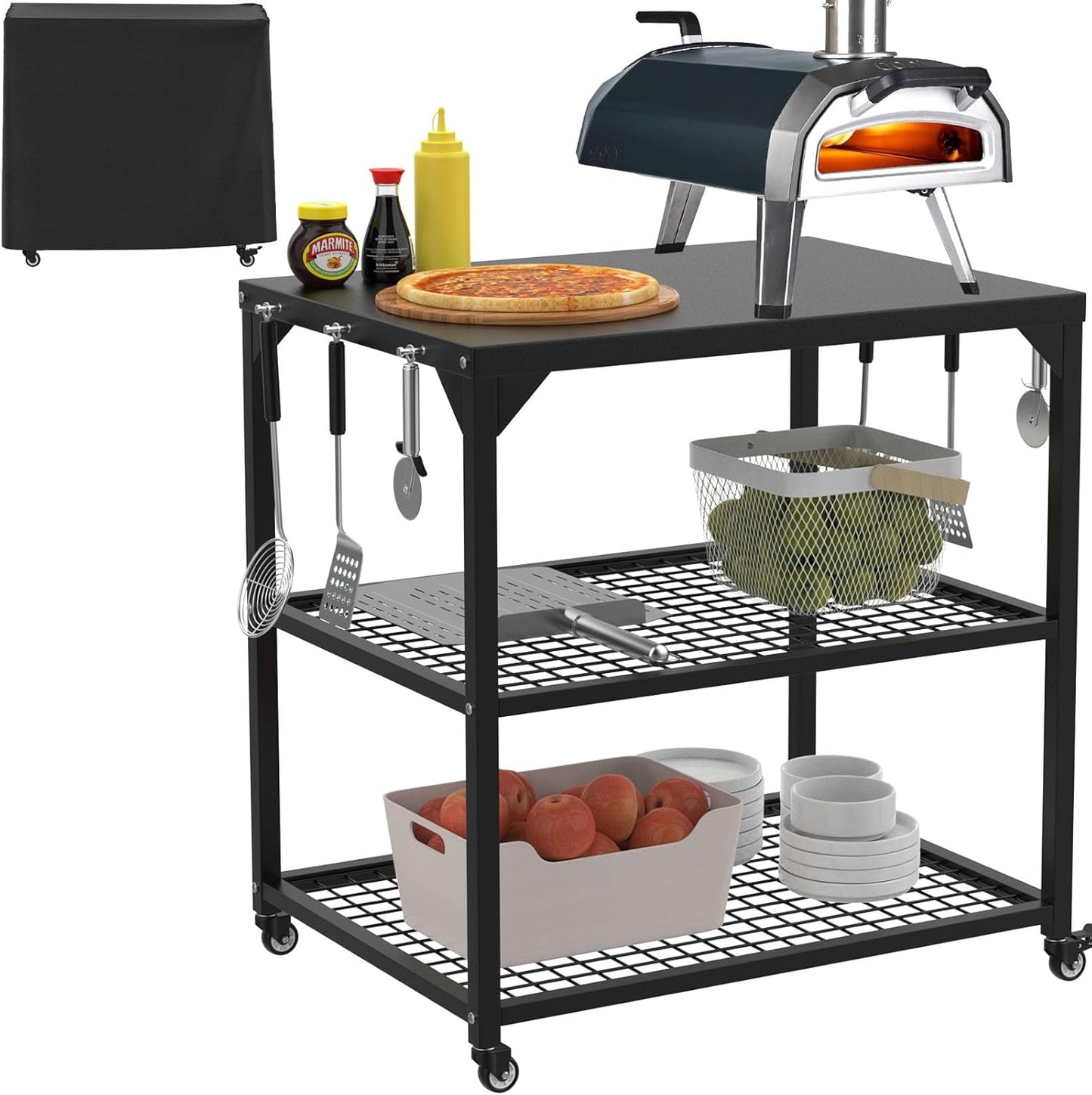 Stainless Steel Pizza Oven Table Cart with Wheels, 3-Shelf Outdoor Grill Stand for Ooni, Blackstone, Ninja Woodfire, Cuisinart and Most Grill – Portable Movable Food Prep Cart & Topping Station