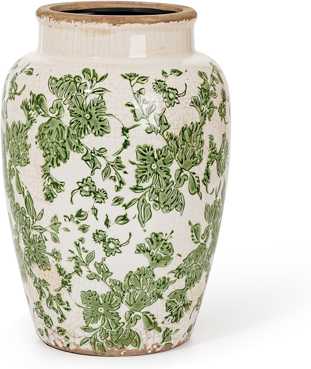 Sungmor Ceramic Flower Vase, Vintage Ice Cracked Glaze Porcelain Vase, Pretty Home Decor Vase for Flower Arrangement, Fresh Flowers, 10.2 Inch Tall Chinoiserie Pottery Vase, Green Floral Pattern