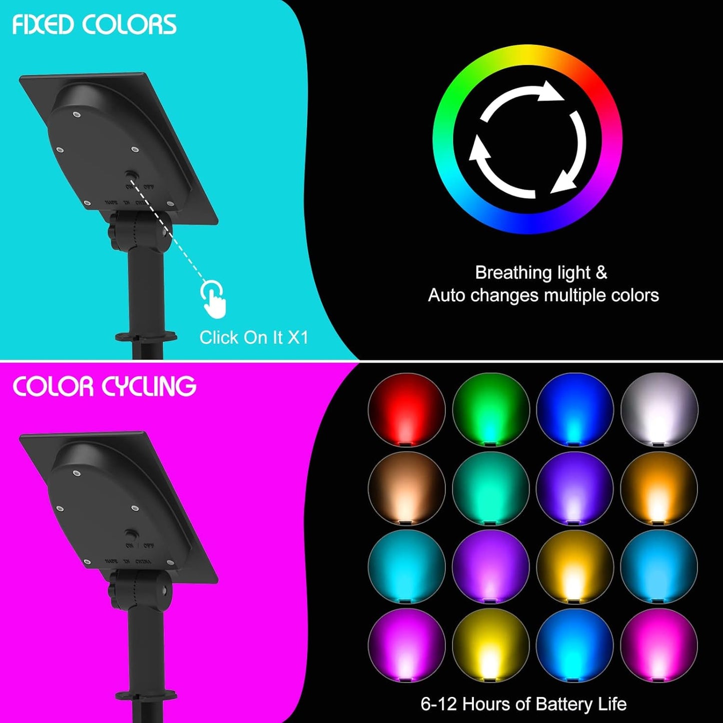 T-SUN Solar Spotlights Outdoor, 4 in 1 Color Changing Landscape Spot Lights Auto ON/Off RGB Garden Pond Lights for Yard, Pathway, Driveway, Pool Area