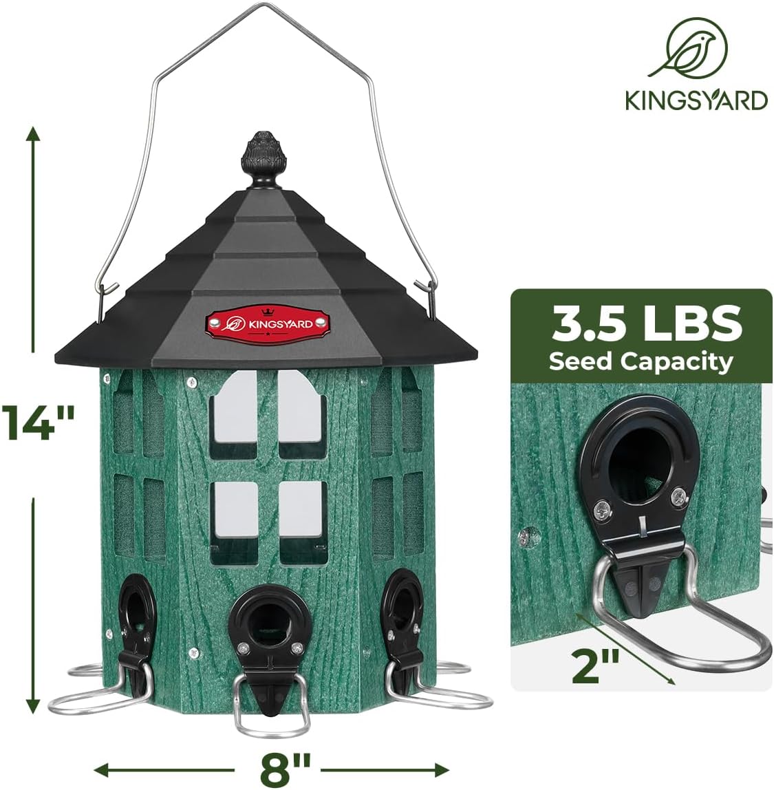 Kingsyard Wild Bird Feeder for Outdoor Hanging, Recycled Plastic Bird Feeders with 6 Ports & U-Shape Perch, Garden Yard Outside Decoration, 3.5 lbs Seed Capacity, Green