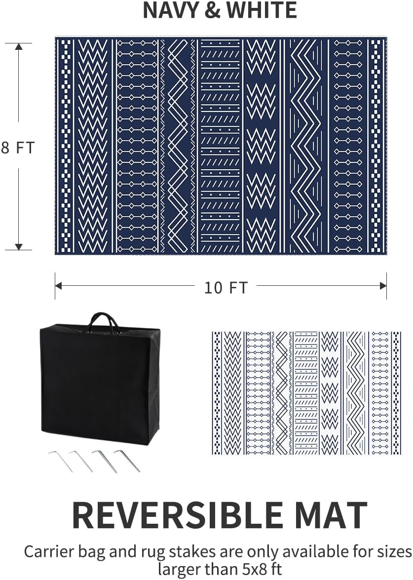 Outdoor Rug Carpet Waterproof 8x10 ft Patio Rug Mat Indoor Outdoor Area Rug for RV Camping Picnic Reversible Lightweight Plastic Straw Outside Rug for Patio Decor Decoration Boho Rug Navy Blue White