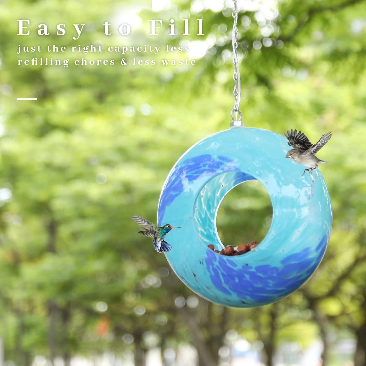 VCUTEKA Bird Feeder Solar Fly Through Birds Feeders for Outside Hanging with Round Shape Glass Container to Attract More Wild Birds for Garden Decor, Solar Birdfeeder as Gift for Bird Lovers, 8-Inch