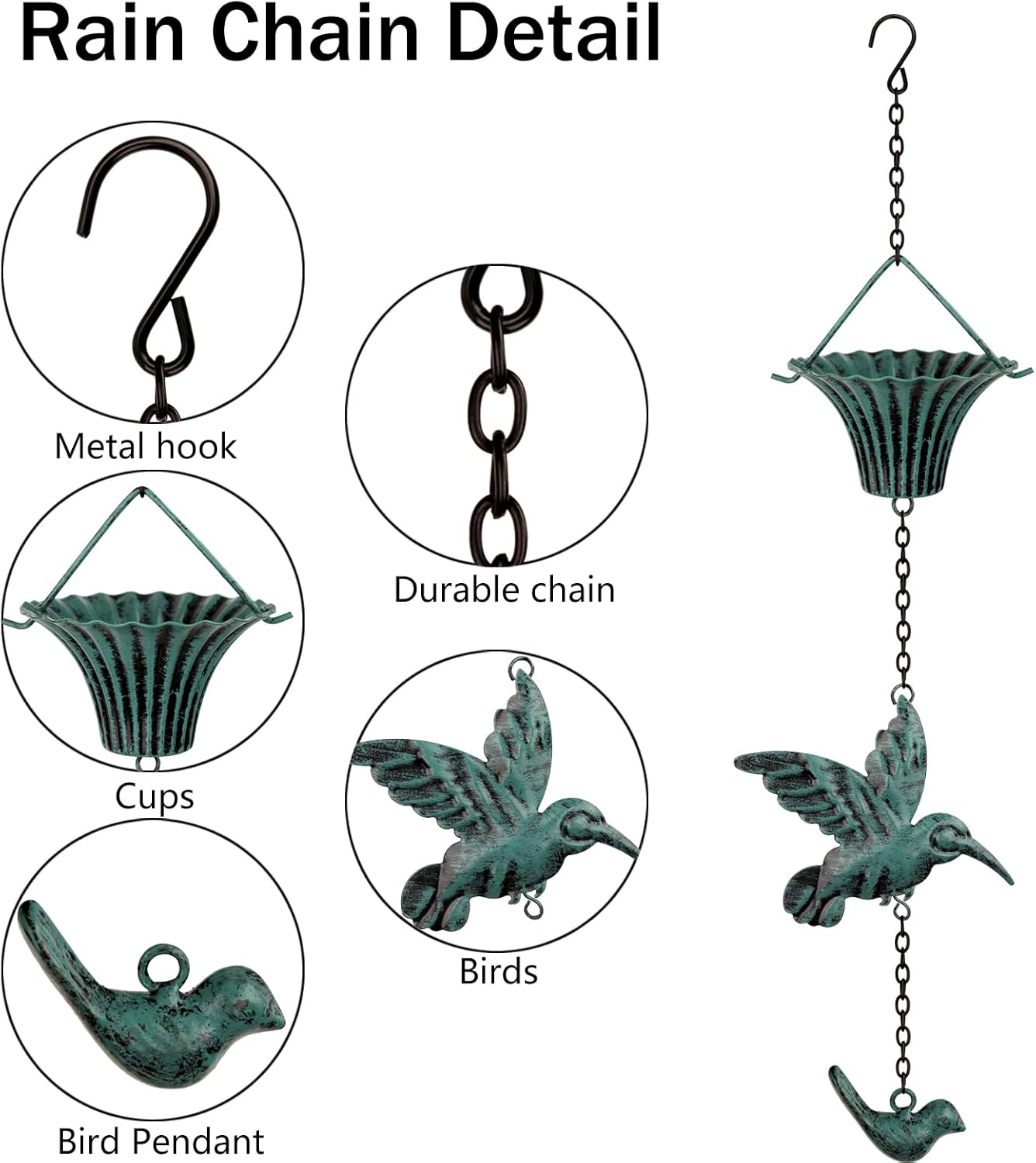 Rain Chain 8 FT,Wrought Iron Rain Chains for Gutters,Rain Chains for Outside with Hummingbird and Cup Rain Chains,Rainwater Catcher Chain, Outdoor Garden Decor(Antique Blue)