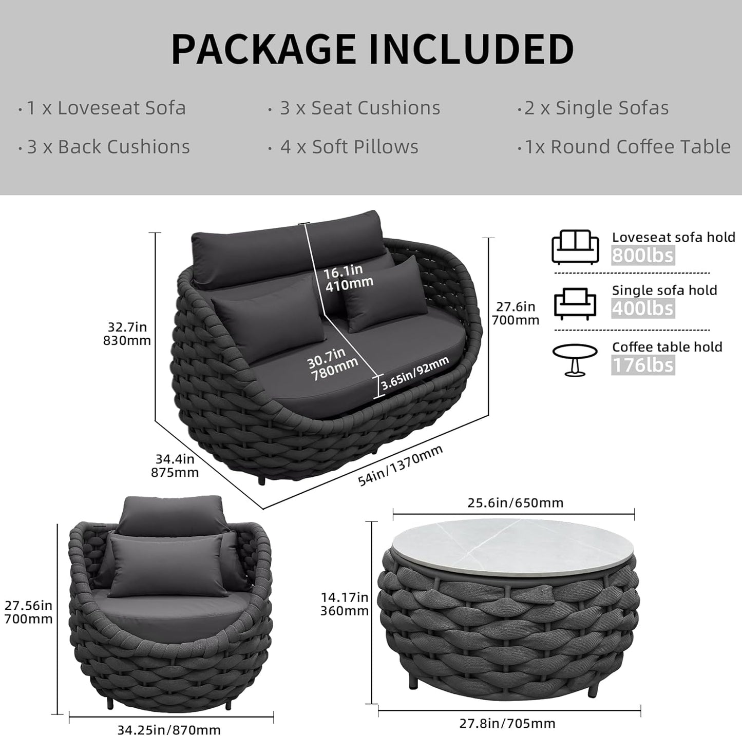 TWT Patio Furniture Sofa Set 4 Pieces Aluminum Outdoor Furniture w/27.8in Coffee Table,Patio Conversation Set with Hand Woven Textilene Rope for Backyard Garden Poolside,Dark Gray