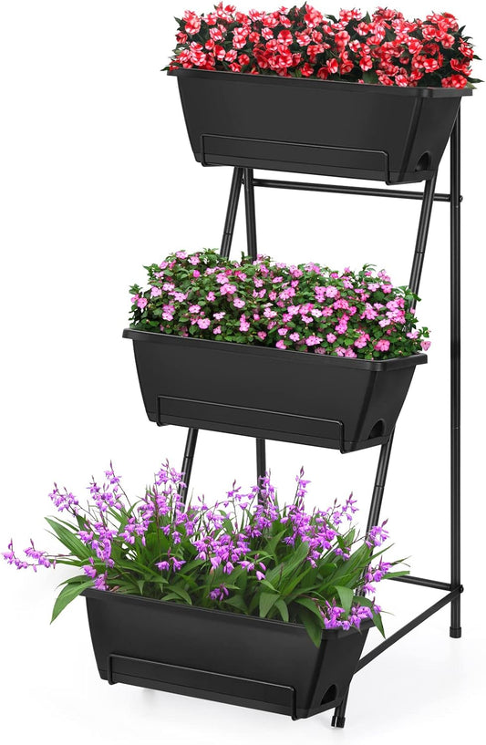 Vertical Raised Garden Bed 3 Tier Elevated Garden Planters Stand Up Garden Planter Box with Drainage Holes for Outdoor Indoor Plants Herbs Flowers Vegetables Black