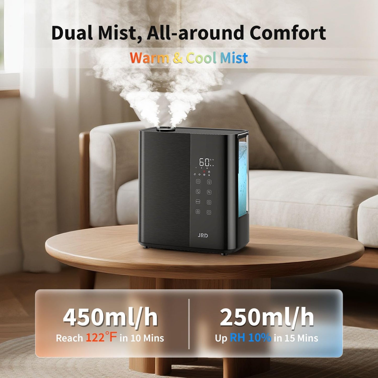 JRD Smart Humidifiers for Bedroom, 5L Warm & Cool Mist Ultrasonic Air Humidifier for Large Room Home Indoor, 50Hrs Quiet Runtime for Baby, Plants, Remote Control, Auto Humidity Sensor, 12H Timer