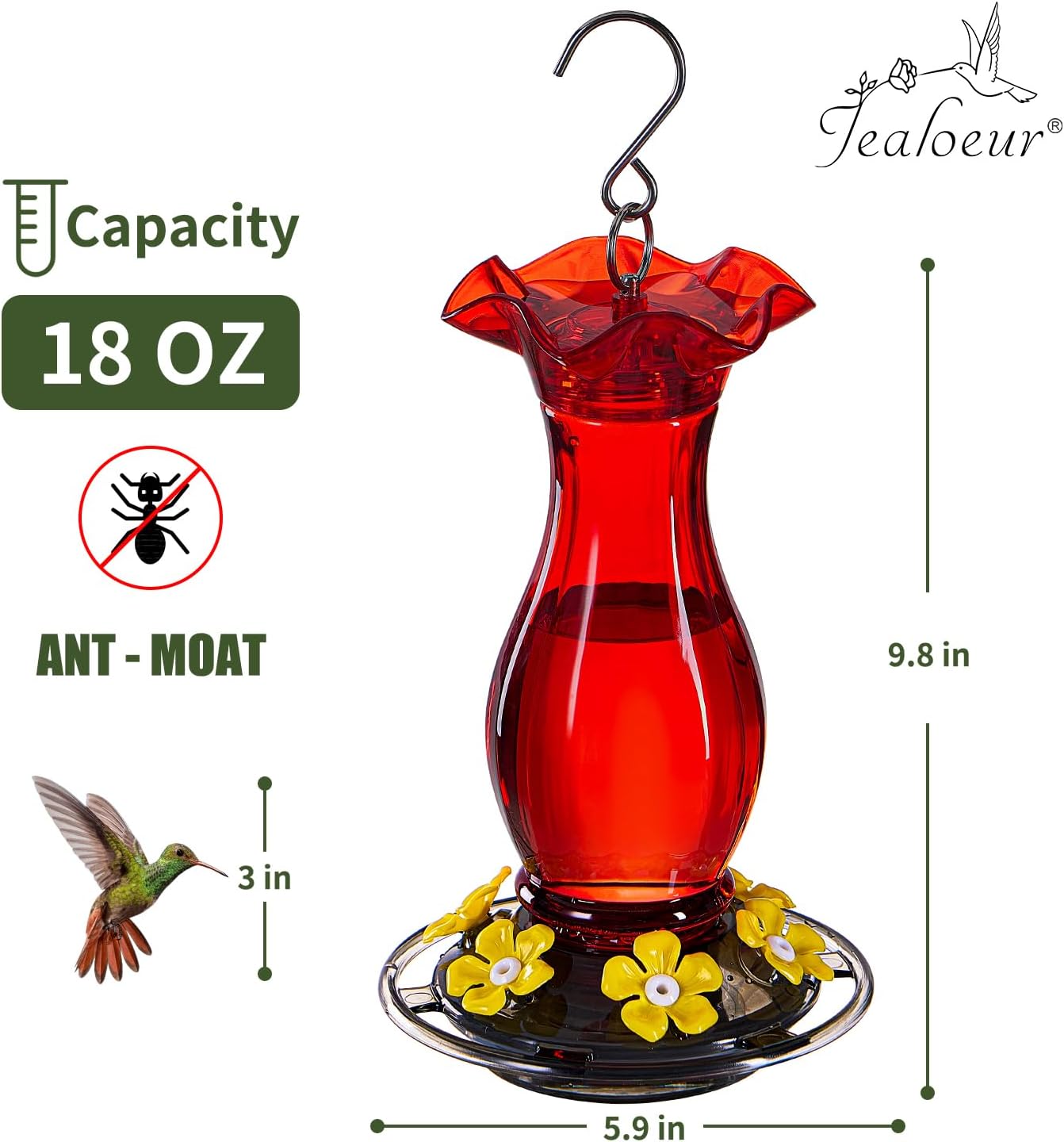 Hummingbird Feeder for Outdoors Hanging, 18 OZ Humming Birds Feeders with 6 Bee Guard Feeding Ports & Built-in Ant Moat, Easy to Clean, Durable Outdoor Garden Decor (Red 1 Pack-C)