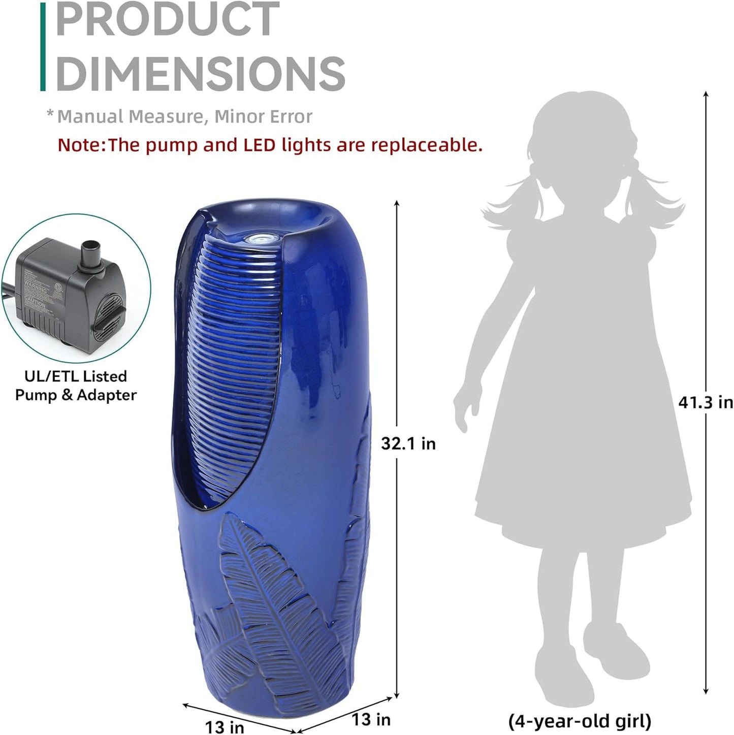33" Tall Outdoor Garden Fountain with LED Lights, Modern Ceramic Jar Water Fountain, 3D Tropical Leaf Pattern, Cobalt Blue Glaze, Soothing Cascading Waterfall for Relaxing Patio, Yard, Porch