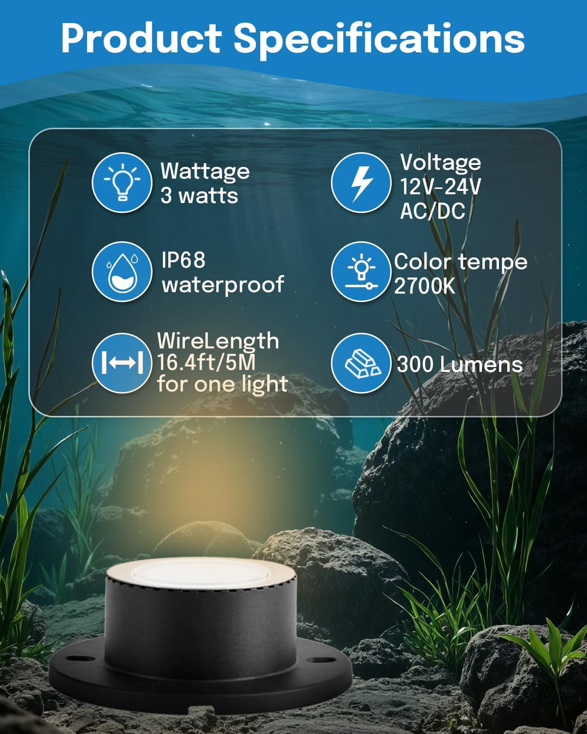 HIBOITEC Pond Lights 3W LED IP68 Waterproof Underwater Lights with UL Cord Warm White 2700K Low Voltage Landscape Lighting for Fountain Pool Compatible 12-24V AC/DC 4Pack