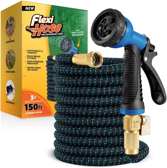 Flexi Hose with 8 Function Nozzle, 150FT - Lightweight Expandable Garden Hose, No-Kink Flexibility, 3/4 Inch Solid Brass Fittings and Double Latex Core