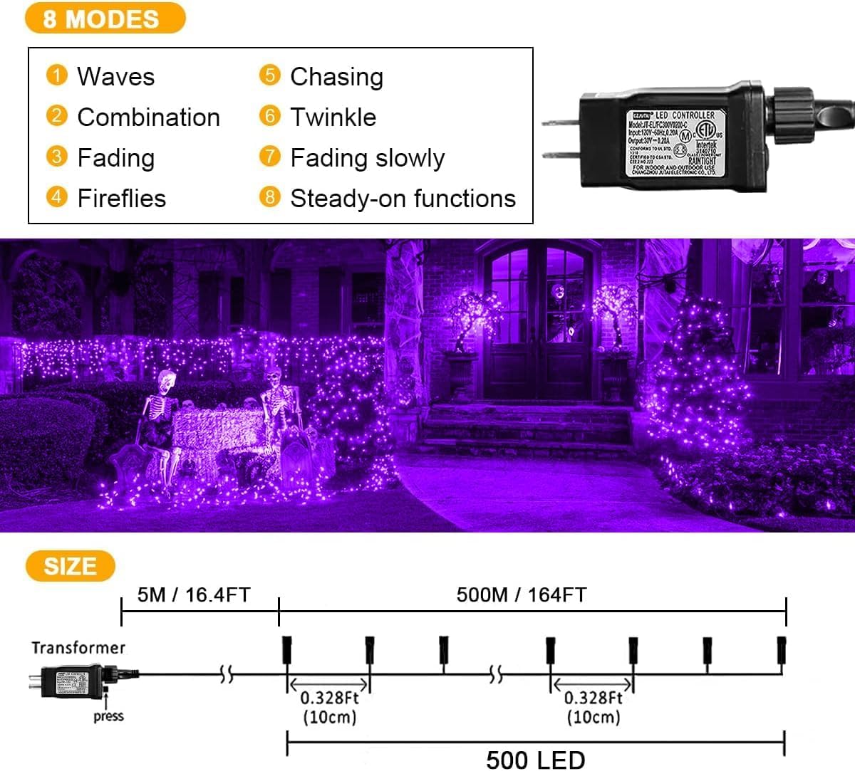 weillsnow 164FT 500 LED Purple Christmas Lights, 8 Modes Waterproof Plug in String Lights for Halloween Christmas Indoor Outdoor Yard Party Wedding Garden Home Decorations (Purple, 164FT)