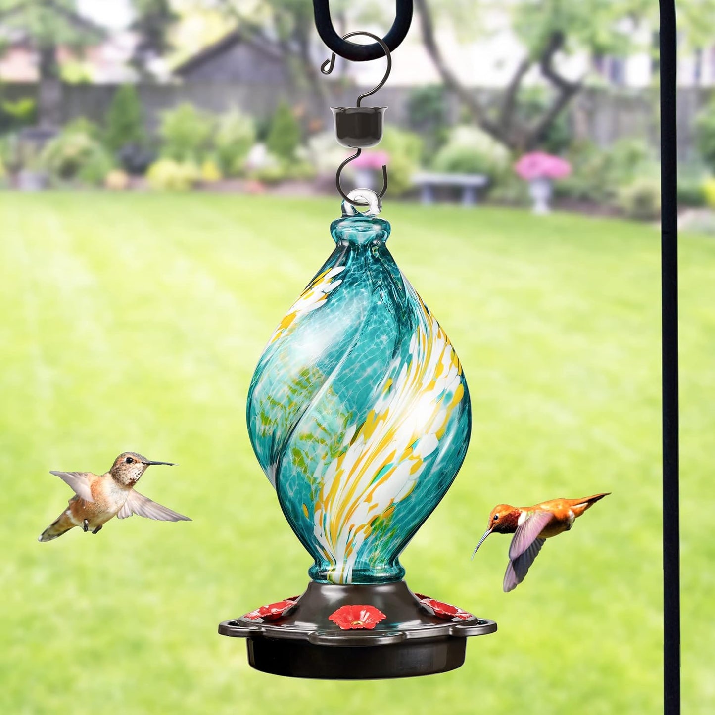 LUJII Ice Cream Shaped Spiral Hummingbird Feeder for Outdoors Hanging, Hand Blown Glass, 28 fl.oz, Leak Proof & Rustproof, Includes an Ant Moat with Hook, Unique & Stylish Glass Art & Decor (Teal)