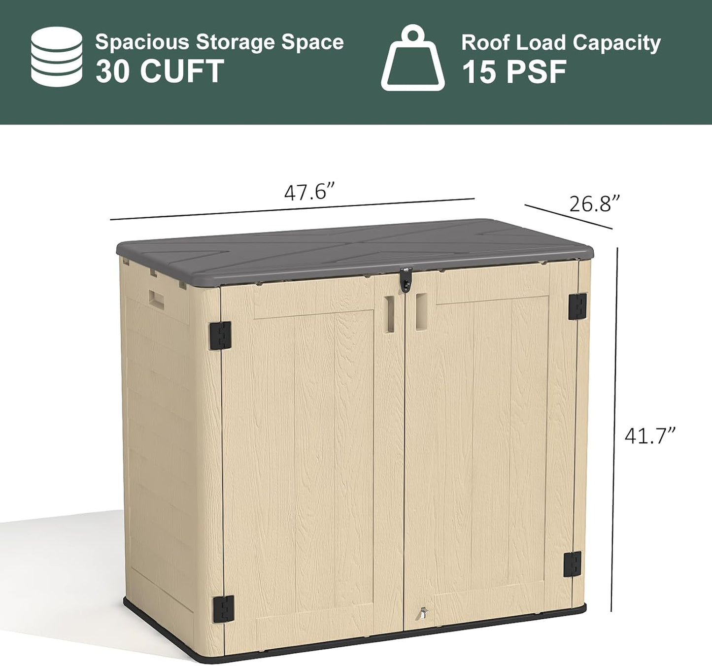 30 Cu.Ft Outdoor Storage Shed, Multi-Purpose Weather-Resistant Utility Shed for Garbage Cans, Lawn Mower, Garden Tools, Waterproof Resin Horizontal Cabinet with Pad-Lockable Doors (Khaki)